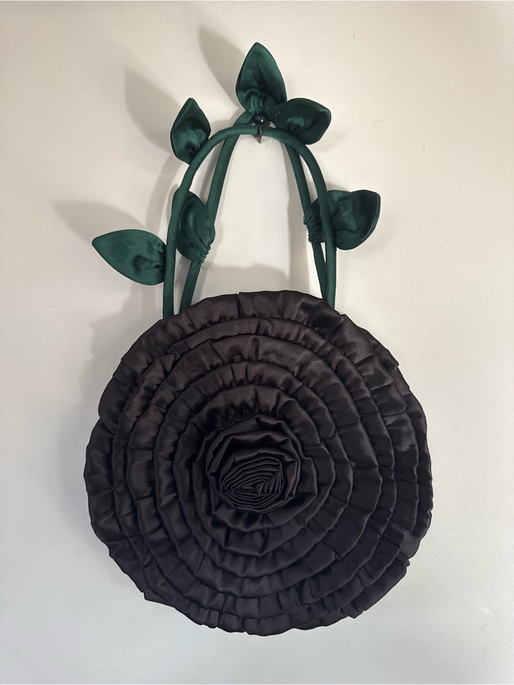 Samantha Pleet Black Silk Satin Rosebud Bag with Green Leafy Straps. Brand new